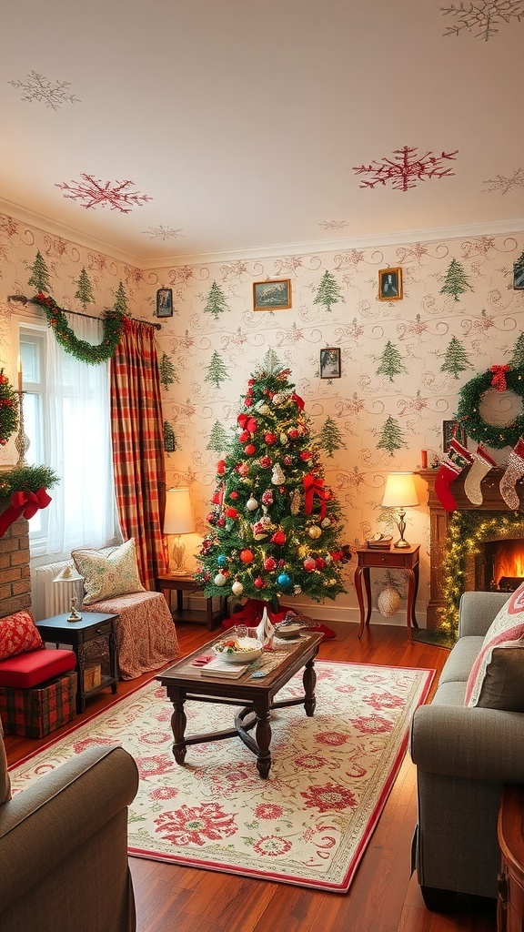 Festive Christmas Wallpaper Ideas Living room with festive Christmas wallpaper, decorated tree, and cozy holiday decor.